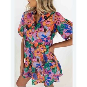 THML Colorful Floral Babydoll Top Size Small Puff Sleeve Boutique Dress